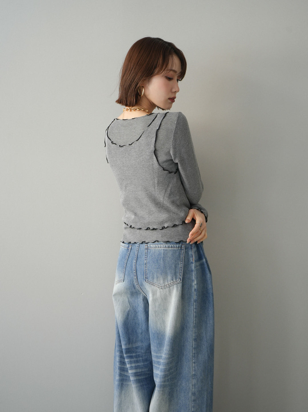 [SET]バイカラーメローアンサンブルシアーニットトップス+フロントポケットサイドタックワイドデニム(2set)