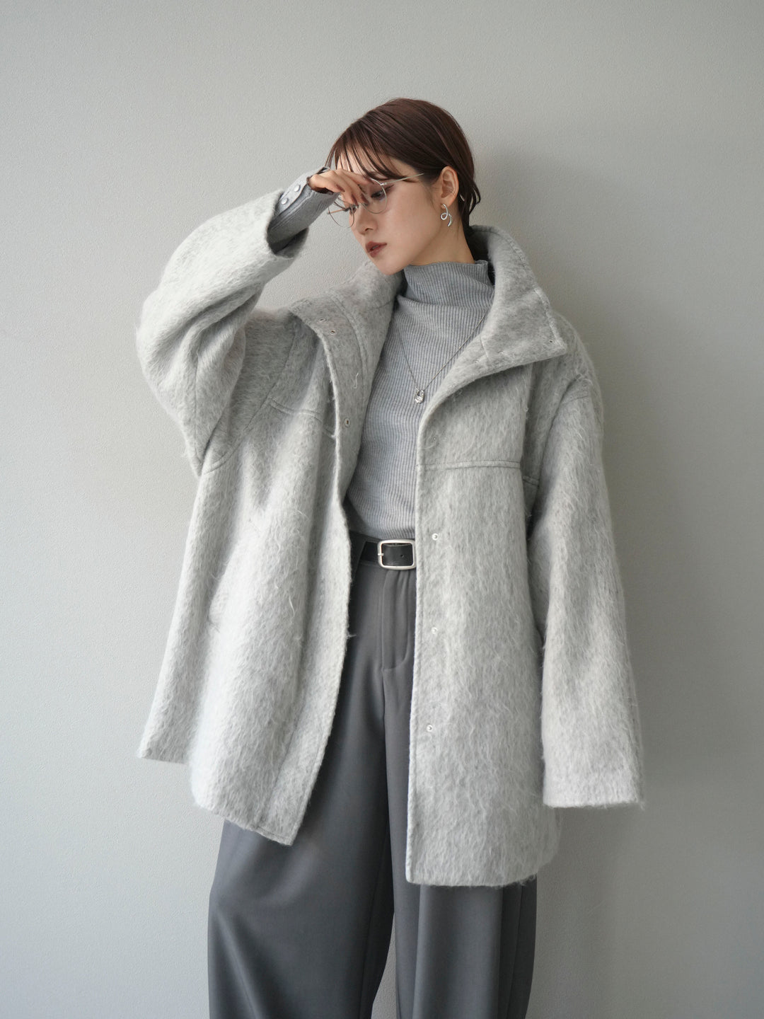 [予約]スタンドカラーシャギーコート/mokugray