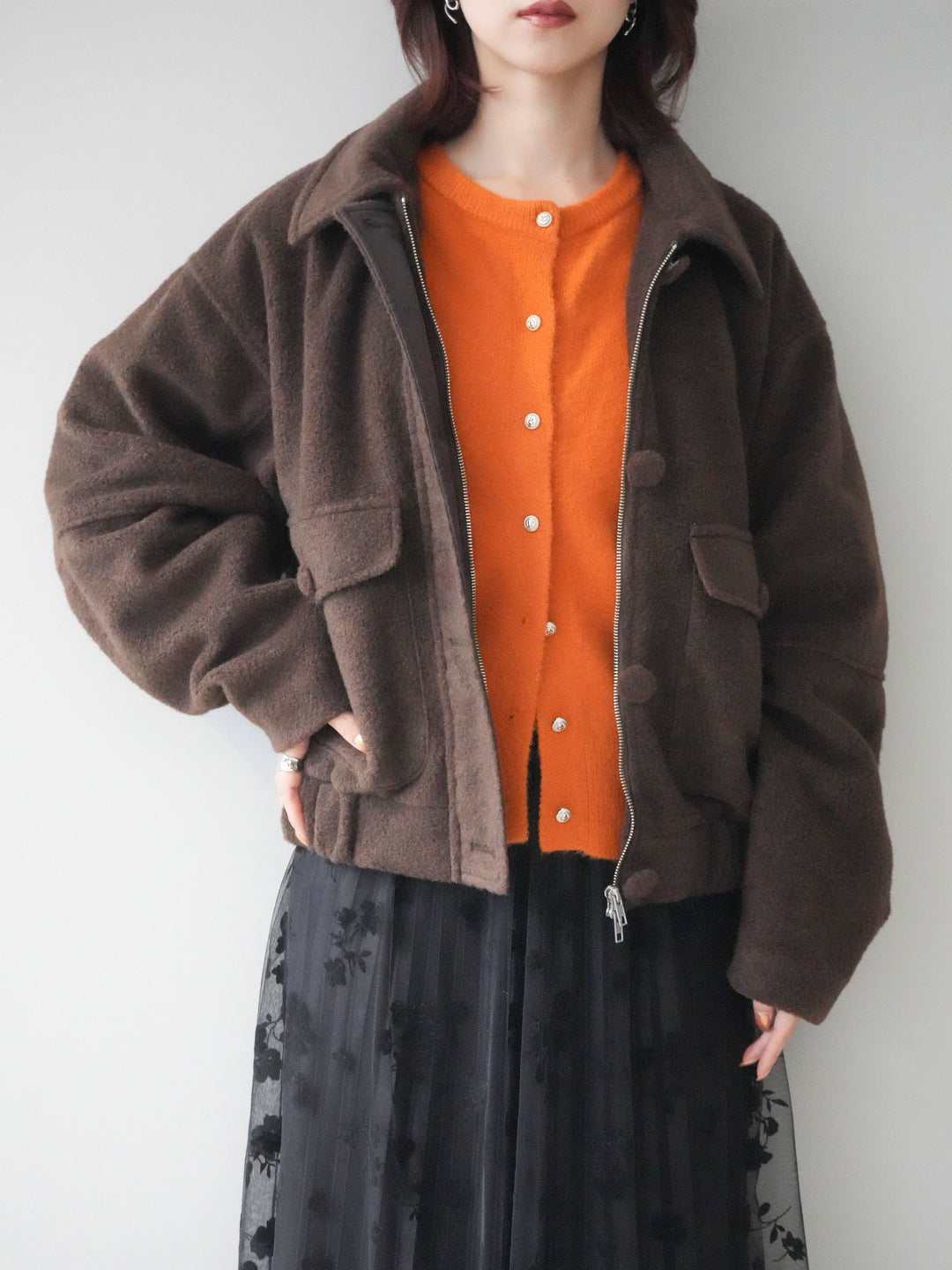 [SET]ウールライクフライトジャケット+フラワーフロッキーチュールプリーツスカート(2set)