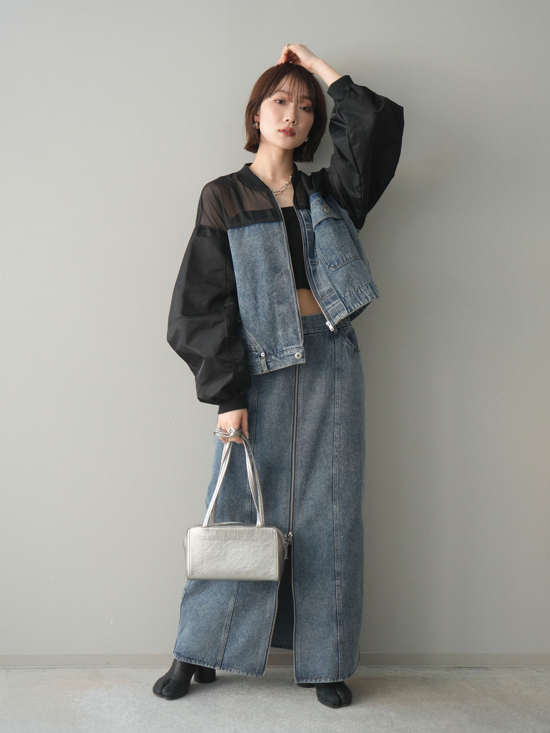 [SET]異素材デニムブルゾン+フロントジップデニムスカート(2set)