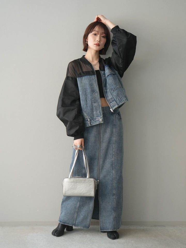 [SET]異素材デニムブルゾン+フロントジップデニムスカート(2set)