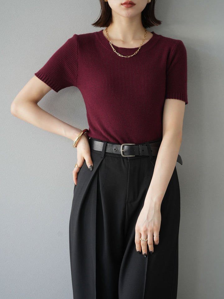 [予約]バックホールハーフスリーブリブニットトップス/ボルドー