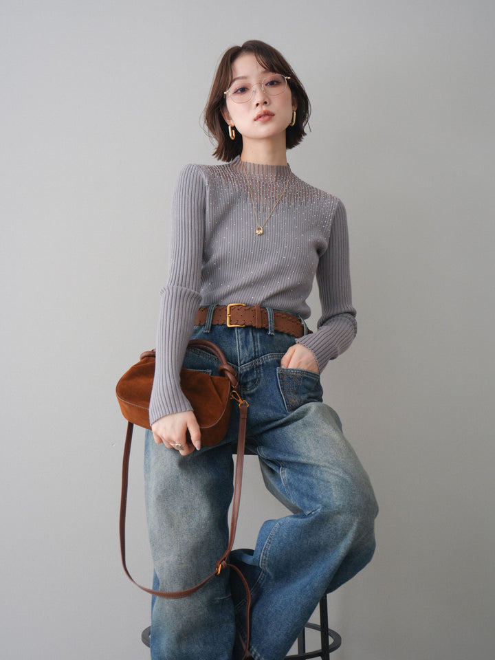 [予約]シアー切替スパンコールリブニットトップス/gray