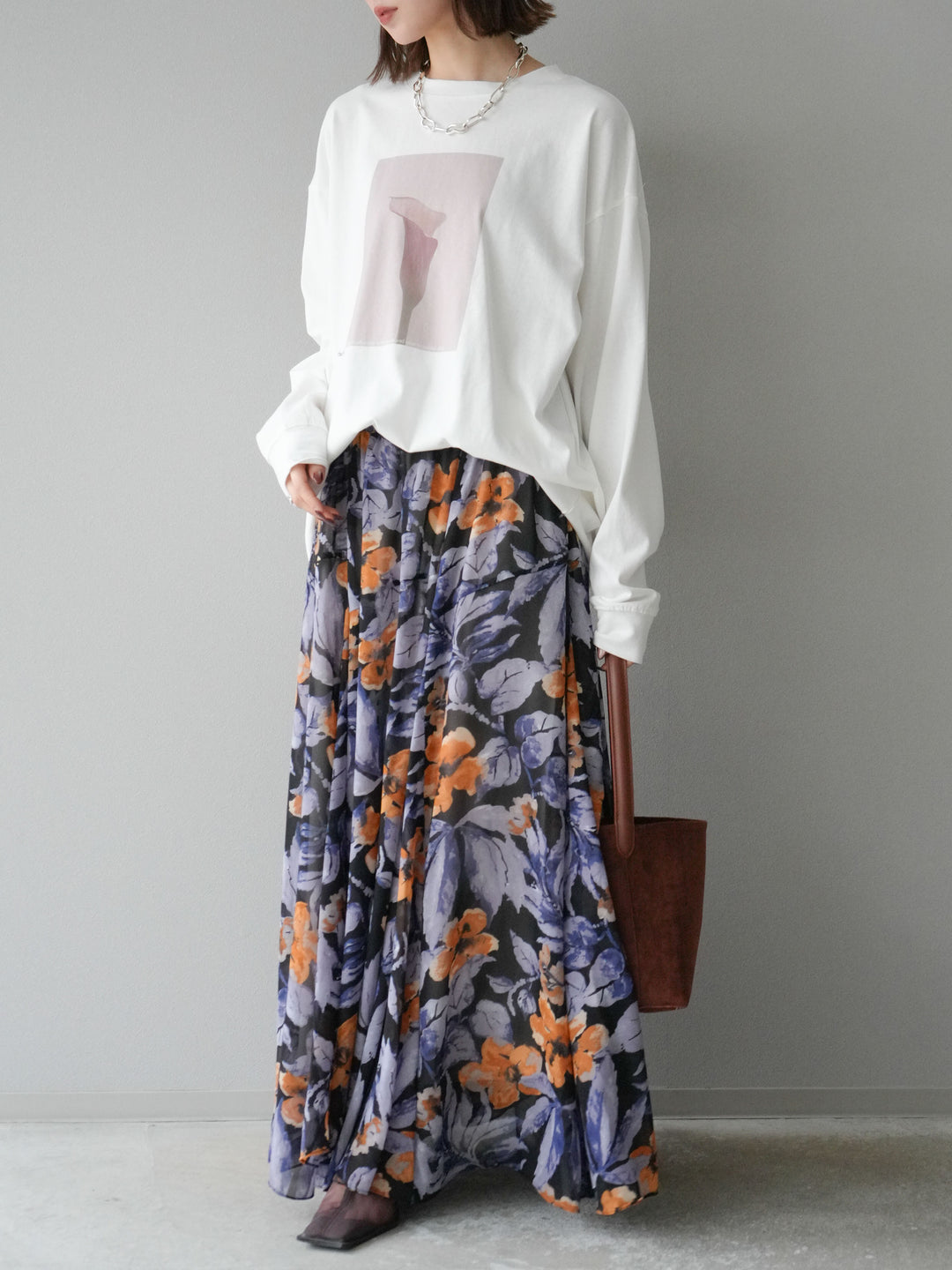 [予約]フラワープリントボリュームフレアスカート/ブラック