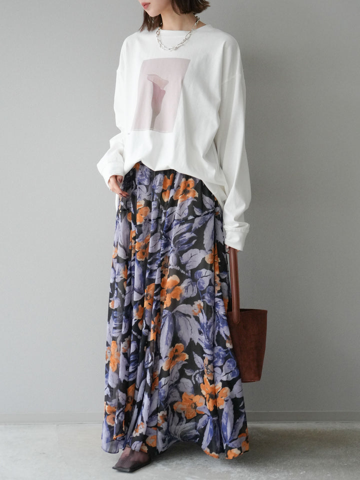 [予約]フラワープリントボリュームフレアスカート/ブラック