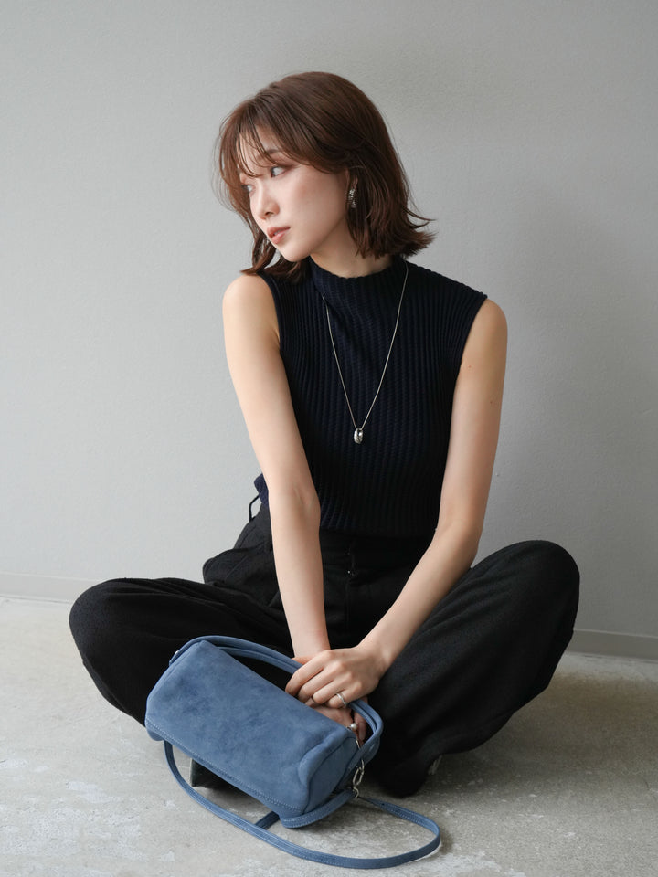 [予約]ボトルネックワッフル編みノースリーブニットトップス/ネイビー