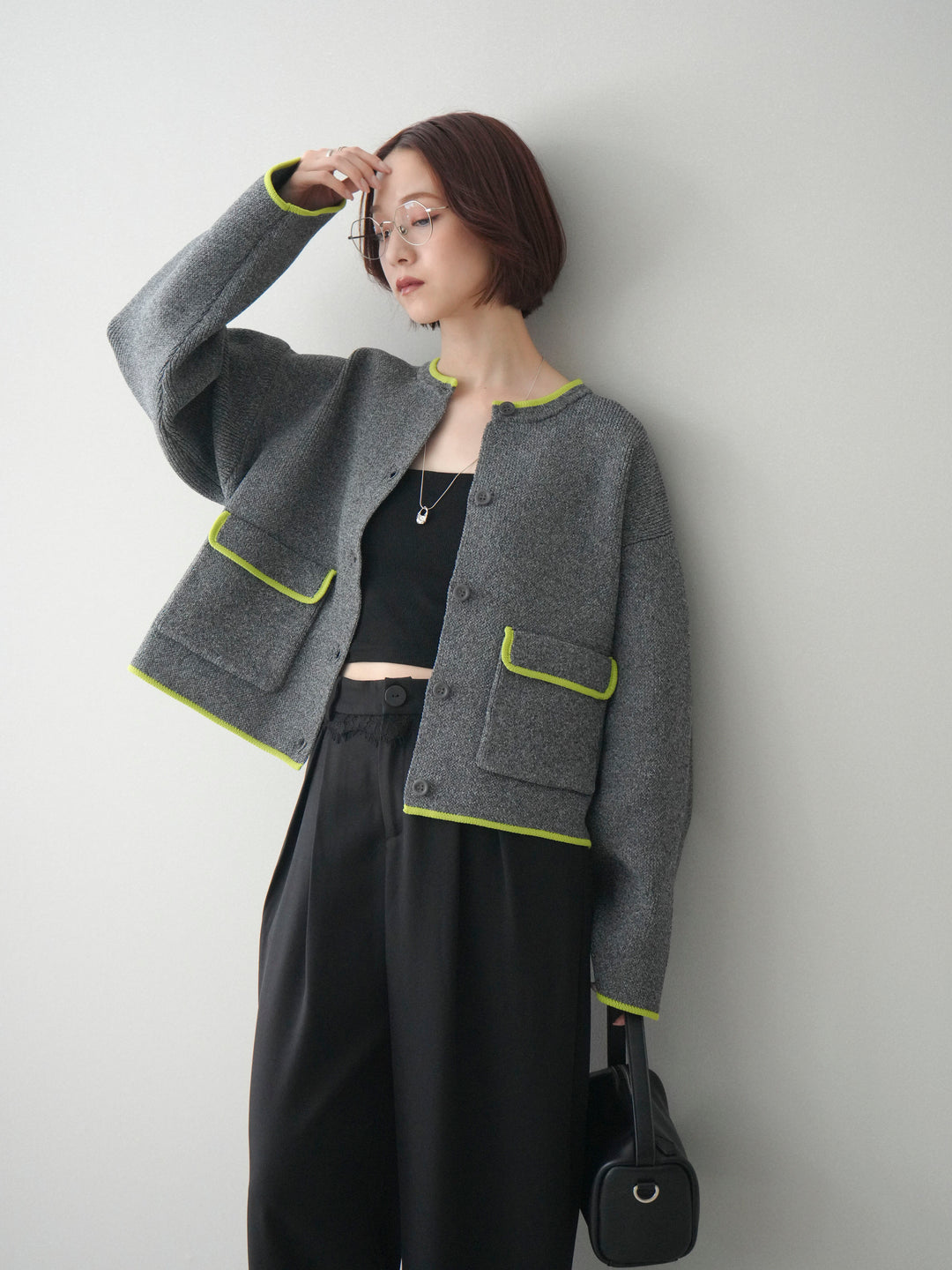 [SET]ポリエステル配色ニットカーディガン+ウエストレースタックワイドパンツ(2set)