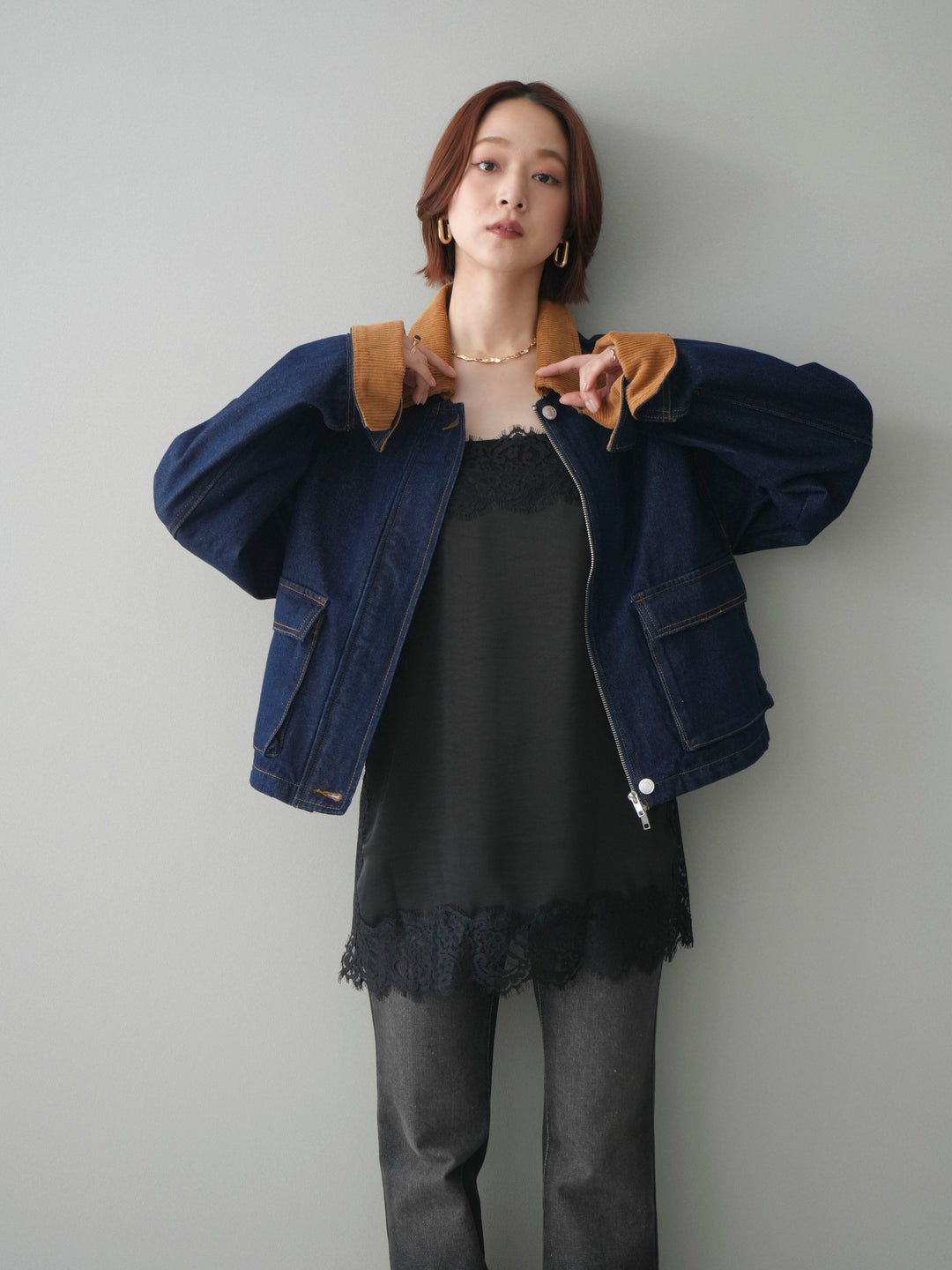 [予約]コーデュロイ×デニムショートカバーオール/indigo