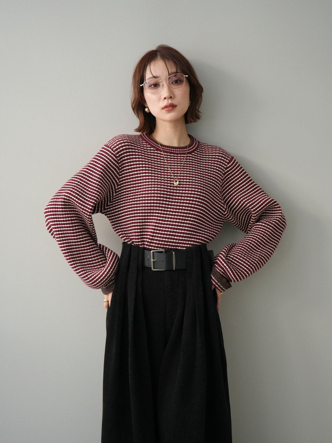 [予約]ラメ異素材ボーダーリブニットプルオーバー/bordeaux×brown