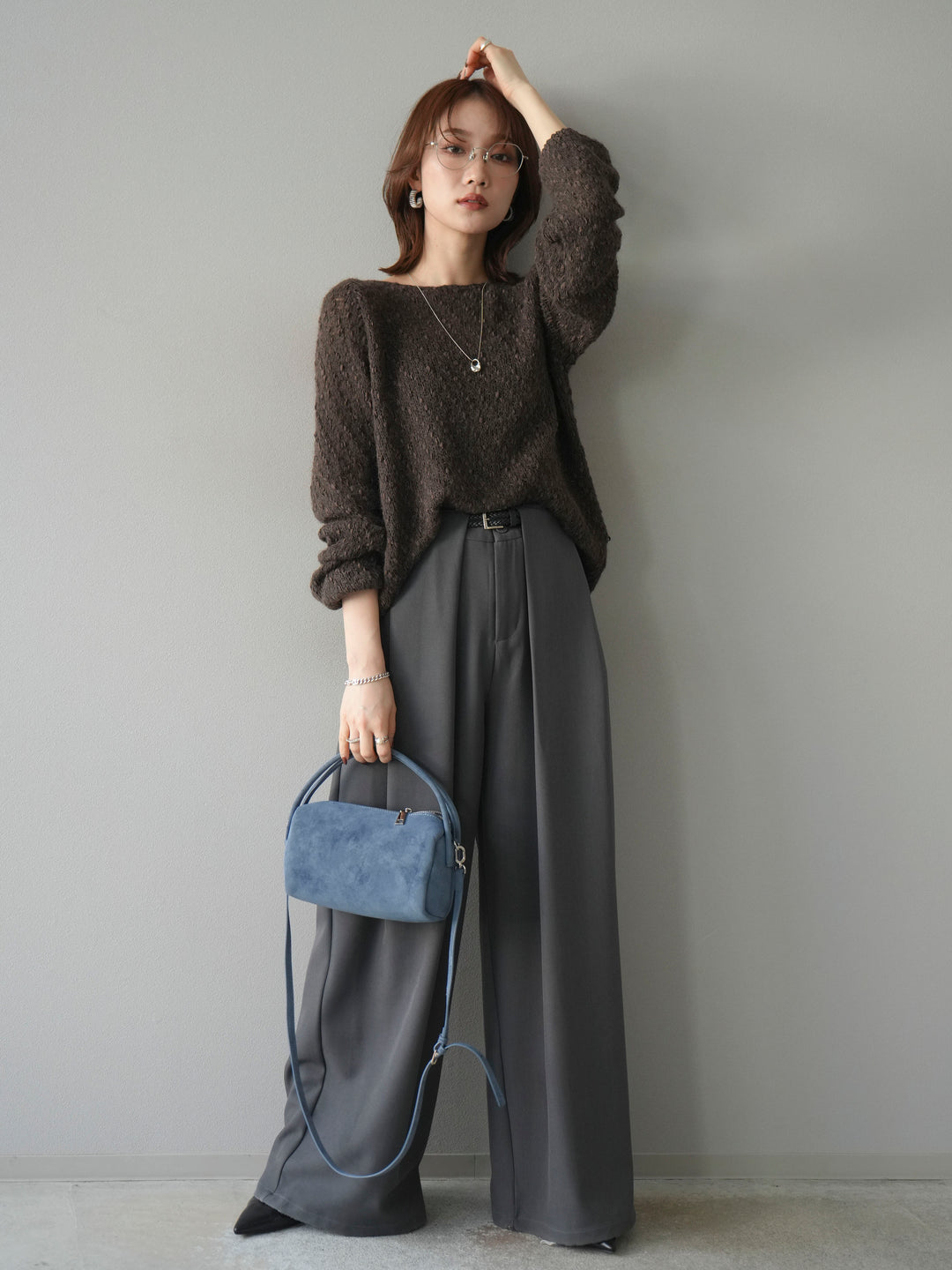 【着回しセット】[SET]求心柄クロップドニットカーディガン+異素材ミックスヤーンニットプルオーバー+ベルトループデザインワイドパンツ(3set)