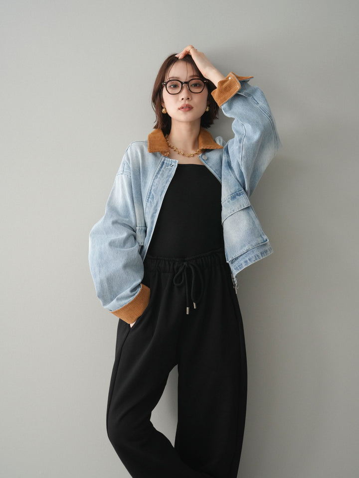 [予約]コーデュロイ×デニムショートカバーオール/bleach