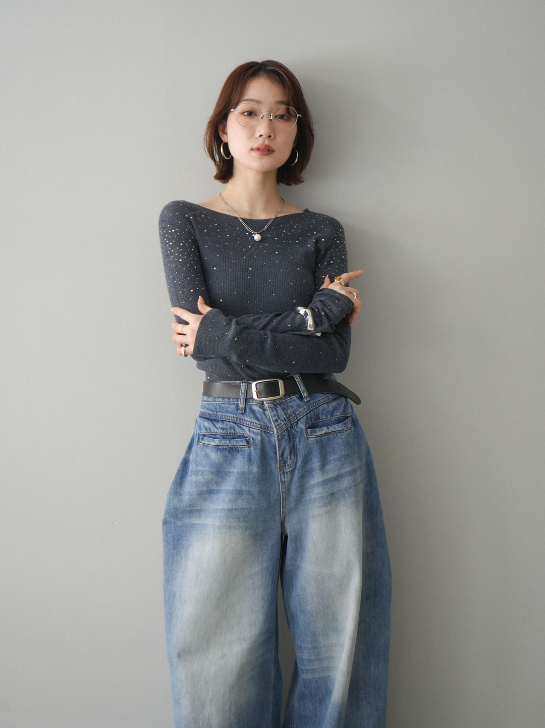 [SET]スパンコールシアーニットトップス+選べるアクセセット(2set)