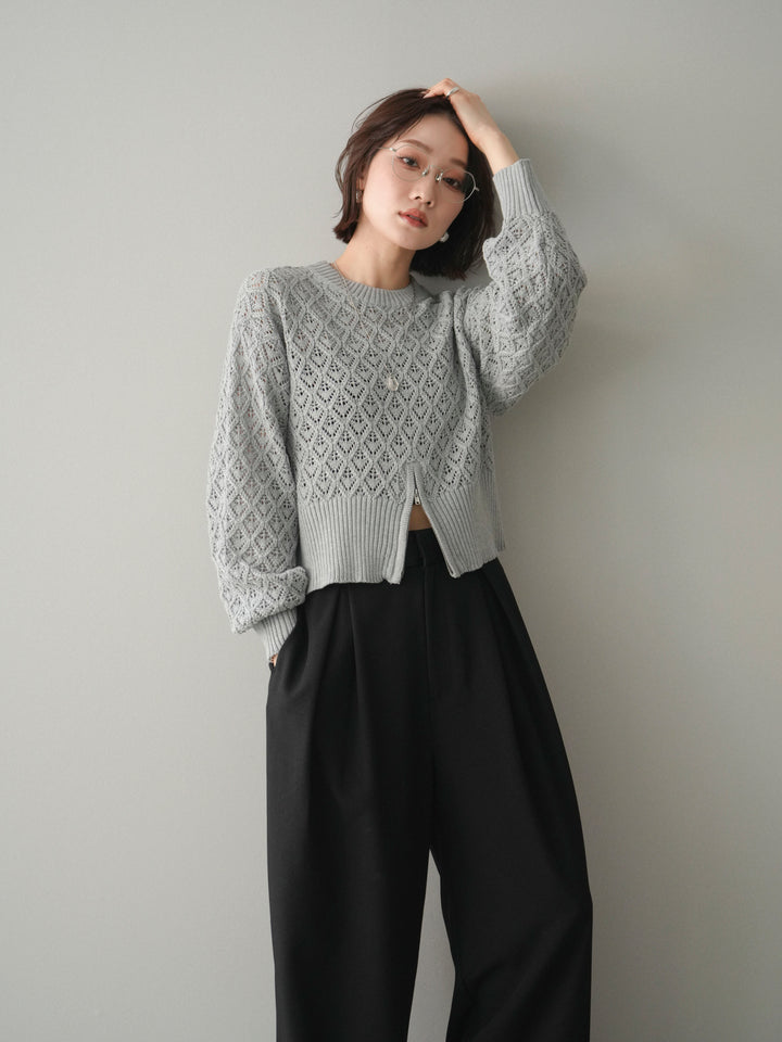 [予約]透かし編みフロントジップスリットニットプルオーバー/gray