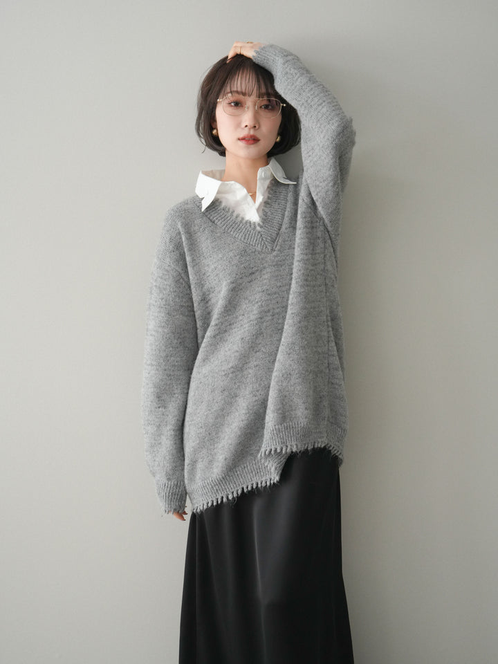 [予約]シャツドッキングVネックフリンジニットプルオーバー/gray