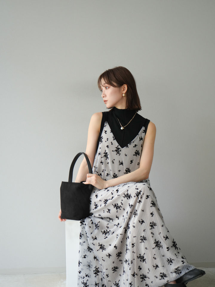 [SET]フロッキーチュールレイヤードベロアキャミワンピース+プチネックセンターシームノースリーニットトップス(2set)