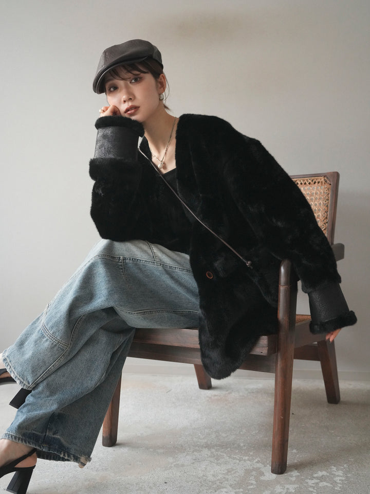 [SET]バッグ付エコファーノーカラーコート+ベルト付カーブデニムパンツ(2set)