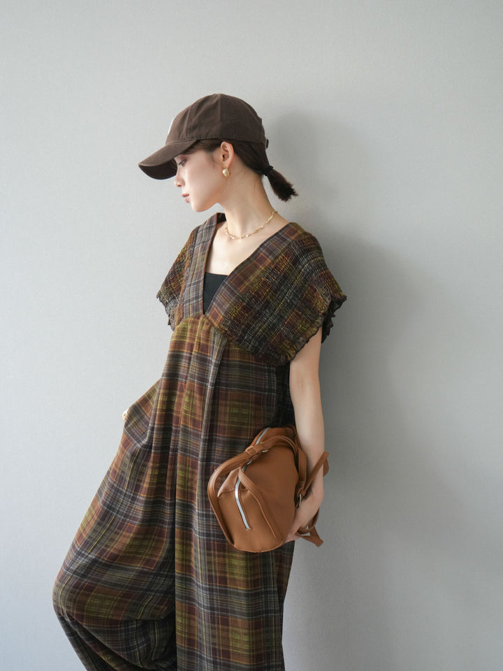 [套裝] 透視格紋褶皺背帶褲 + 配件套裝（2 套）