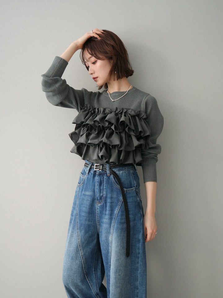 [予約]フリルビスチェドッキングスポンジニットプルオーバー/gray