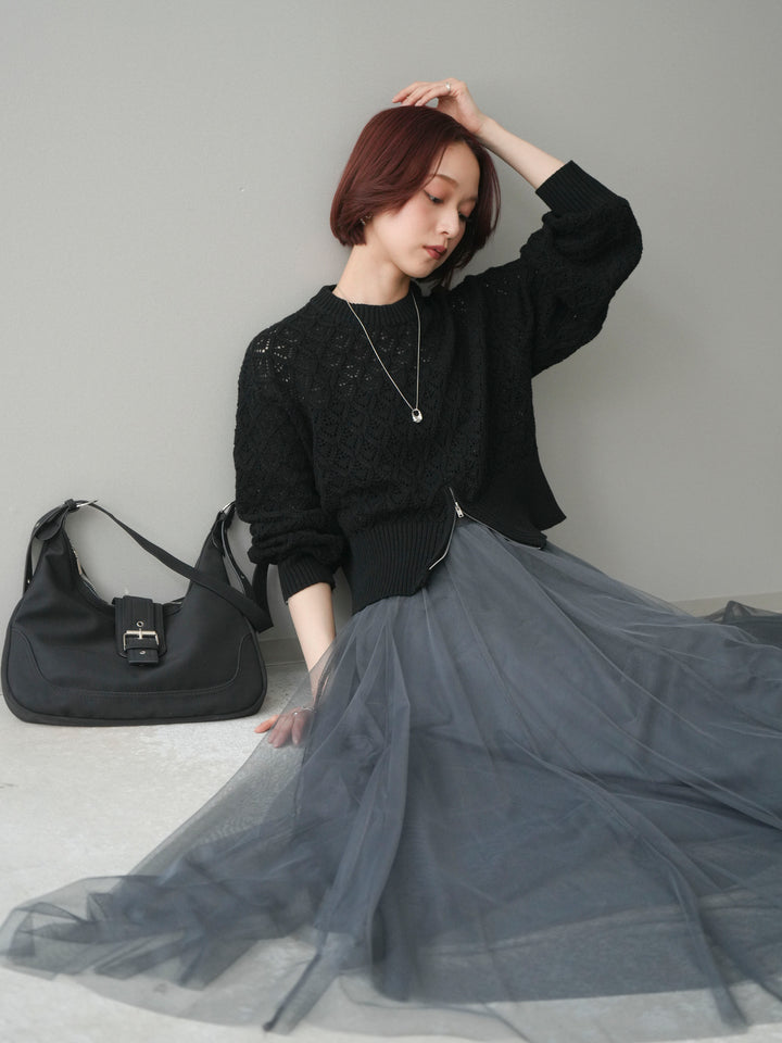 [予約]透かし編みフロントジップスリットニットプルオーバー/black