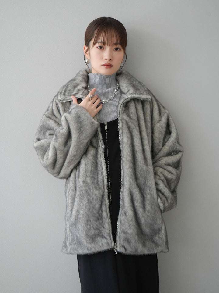 [預訂] 毛絨立式中長拉鍊夾克/灰色