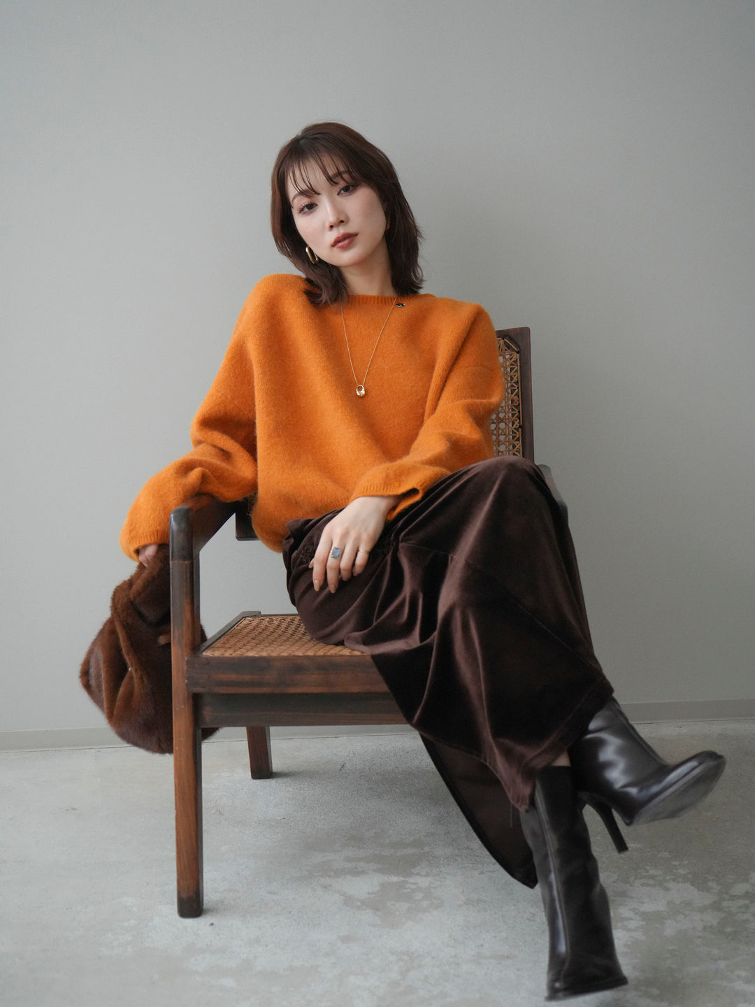 [予約]アンゴラタッチボートネッククロップドプルオーバー/orange