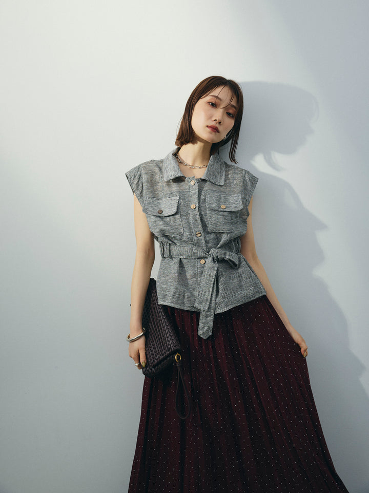 [SET]ミックスヤーンメッシュブラウス+ラインストーンプリーツスカート(2set)