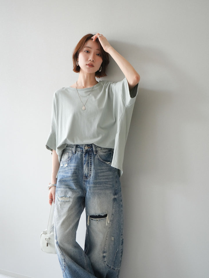 [SET]ドルマンワイドフレアトップス+ダメージカーブワイドデニムパンツ(2set)