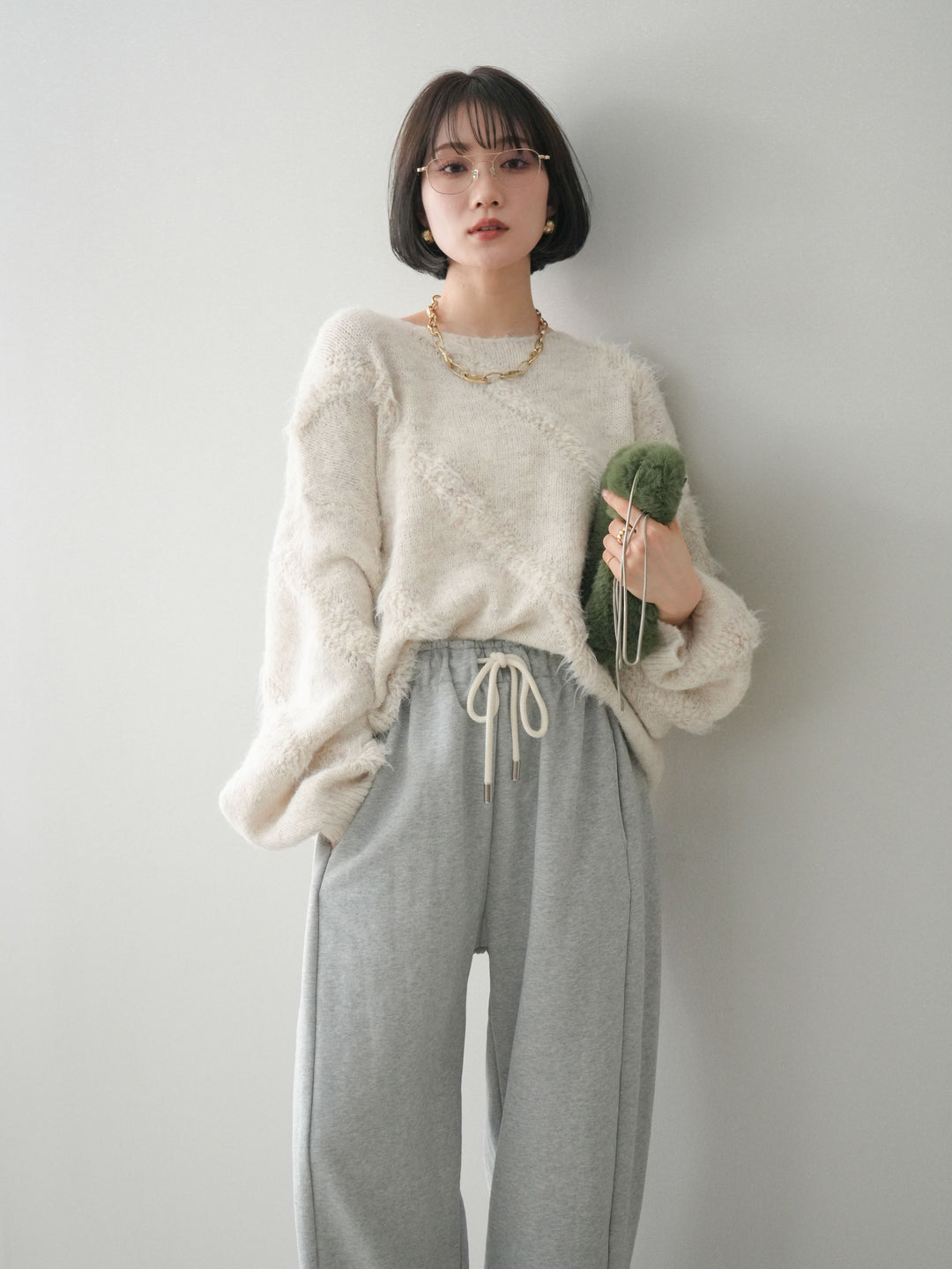 [SET]シャギーデザインニットプルオーバー+選べるアクセセット(2set)