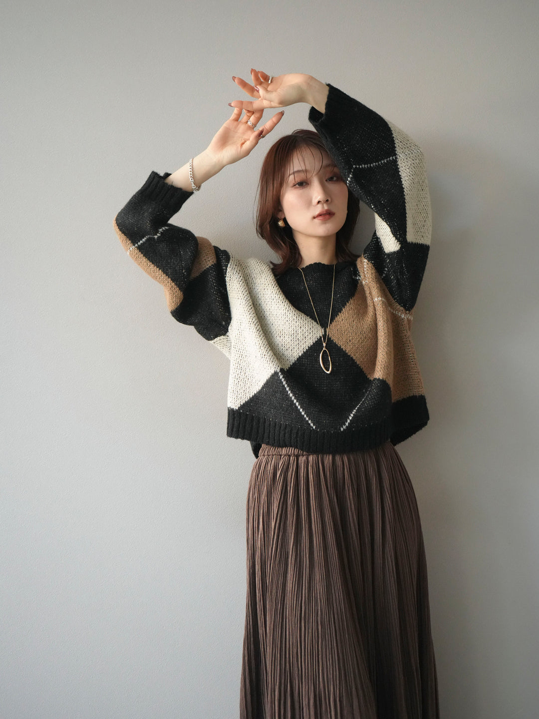 [予約]配色ステッチアーガイル柄ニットプルオーバー/black