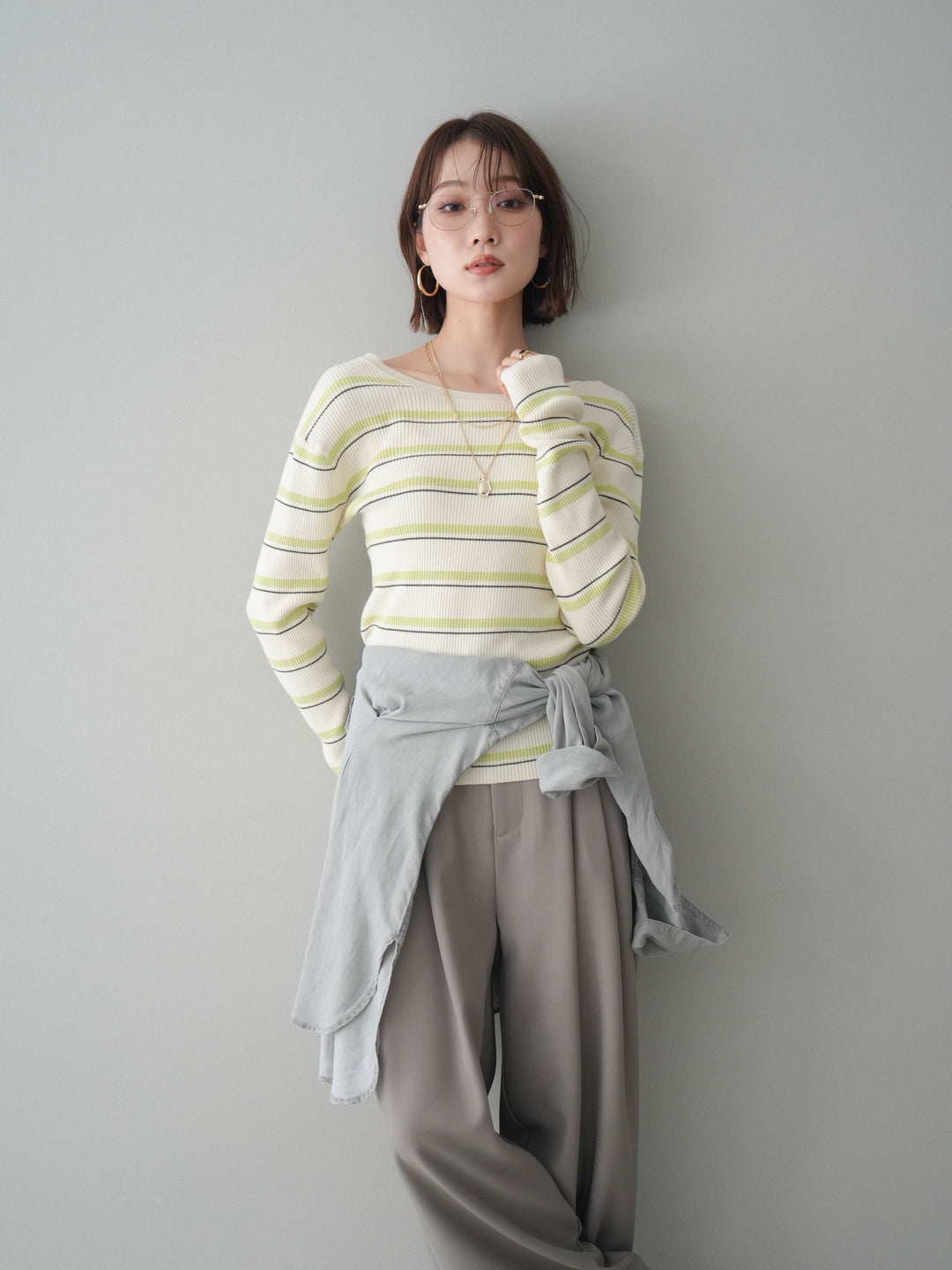 [予約]バックオープンテレコリブマルチボーダートップス/ivory