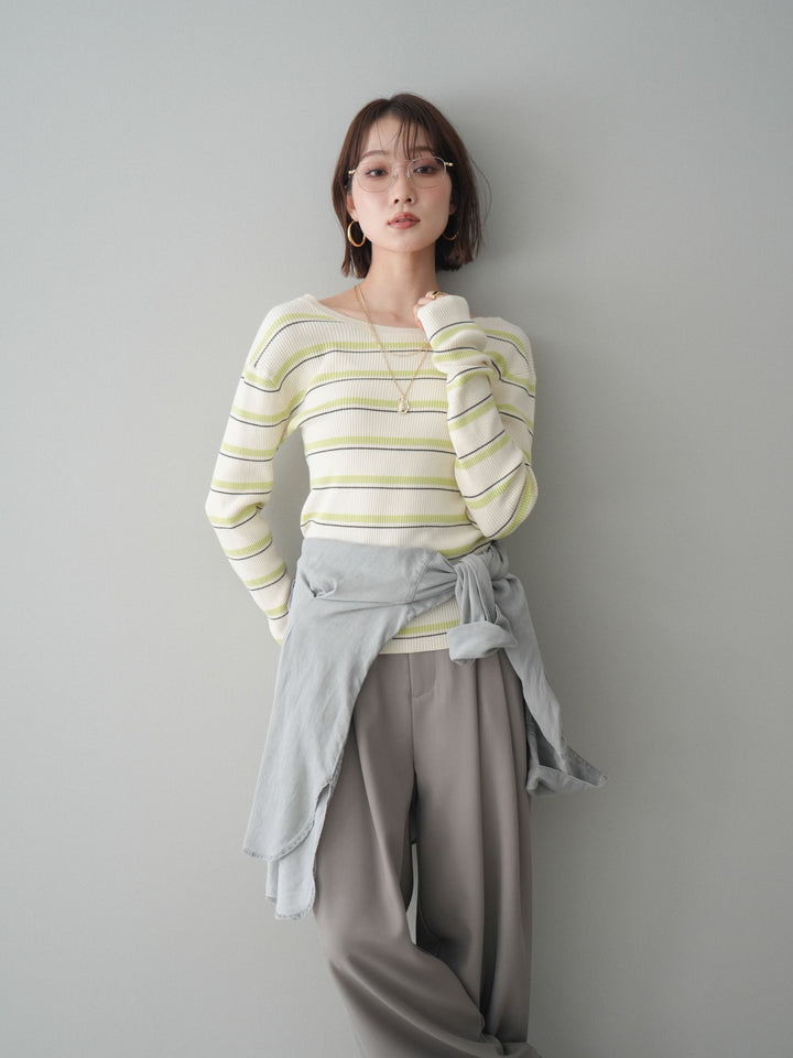 [予約]バックオープンテレコリブマルチボーダートップス/ivory