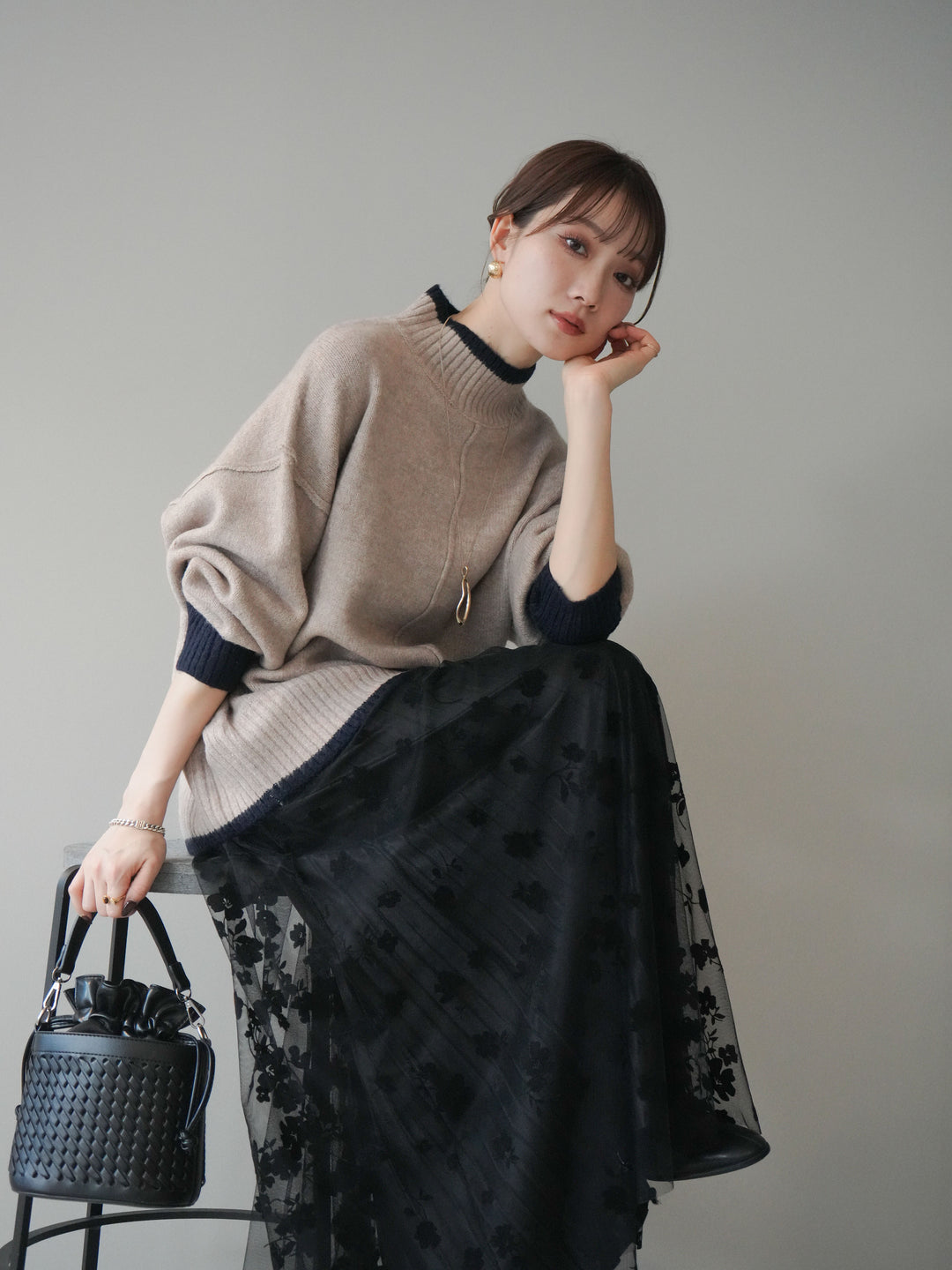 [SET]配色ハイネックニットプルオーバー+選べるアクセセット(2set)