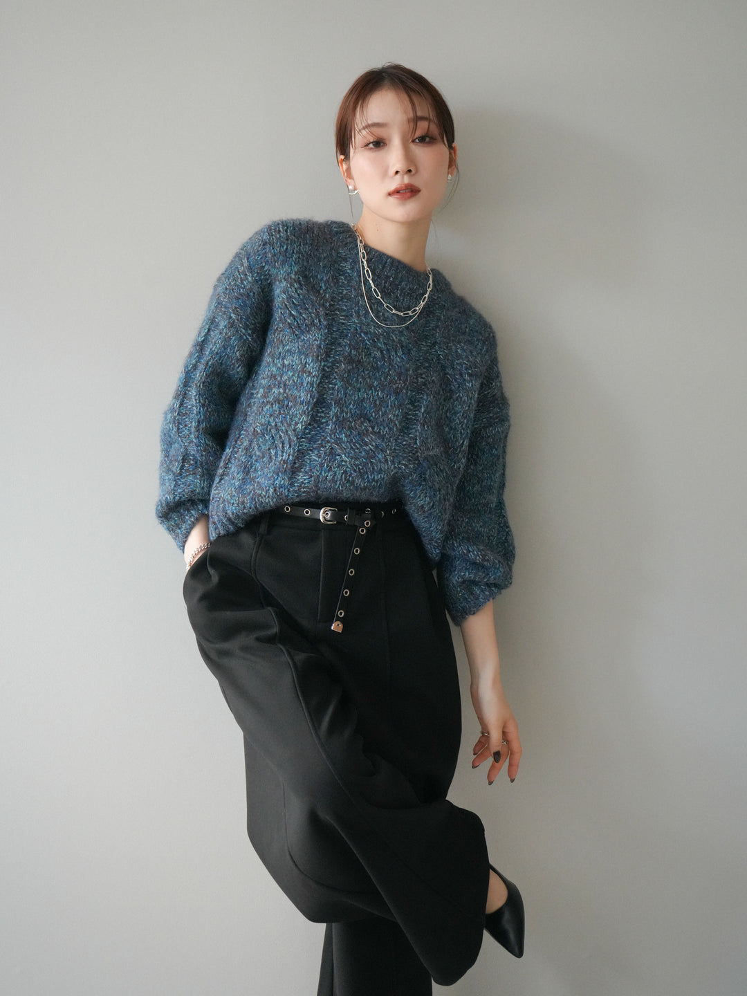 [予約]ワイドケーブルミックスニットプルオーバー/blue