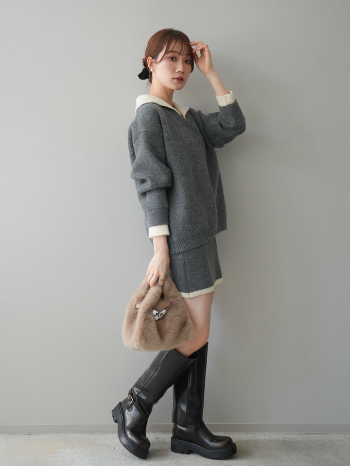 [SET]配色襟ニット＆ミニスカートSET UP+配色襟ニット＆ミニスカートSET UP(2set)