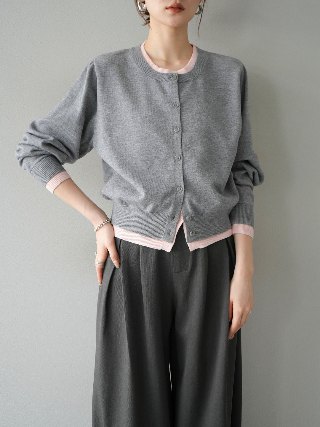 【SET】同色系疊穿開襟衫+雙褶寬褲（2件組）