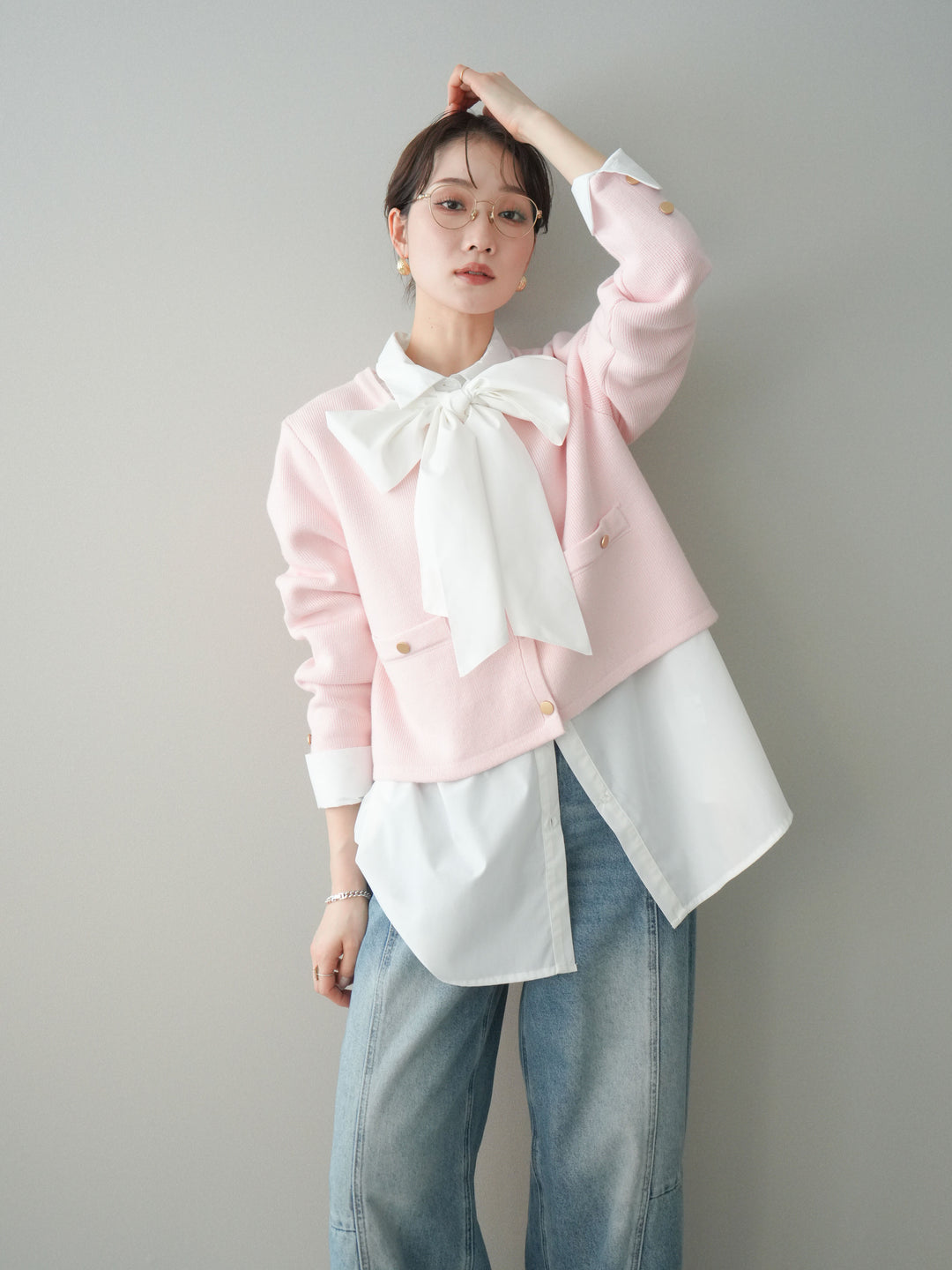 [SET]ゴールドボタンノーカラーニットジャケット+ガーメントウォッシュカーブデニムパンツ(2set)