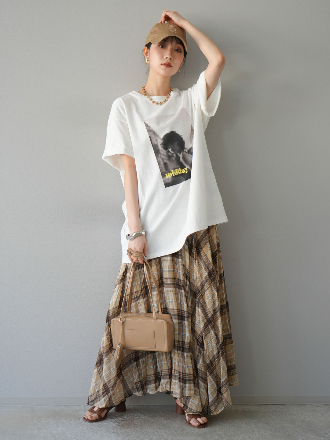 [SET]ネオンロゴフォトプリントBIG Tシャツ+シアーチェックアシンメトリーワッシャースカート(2set)