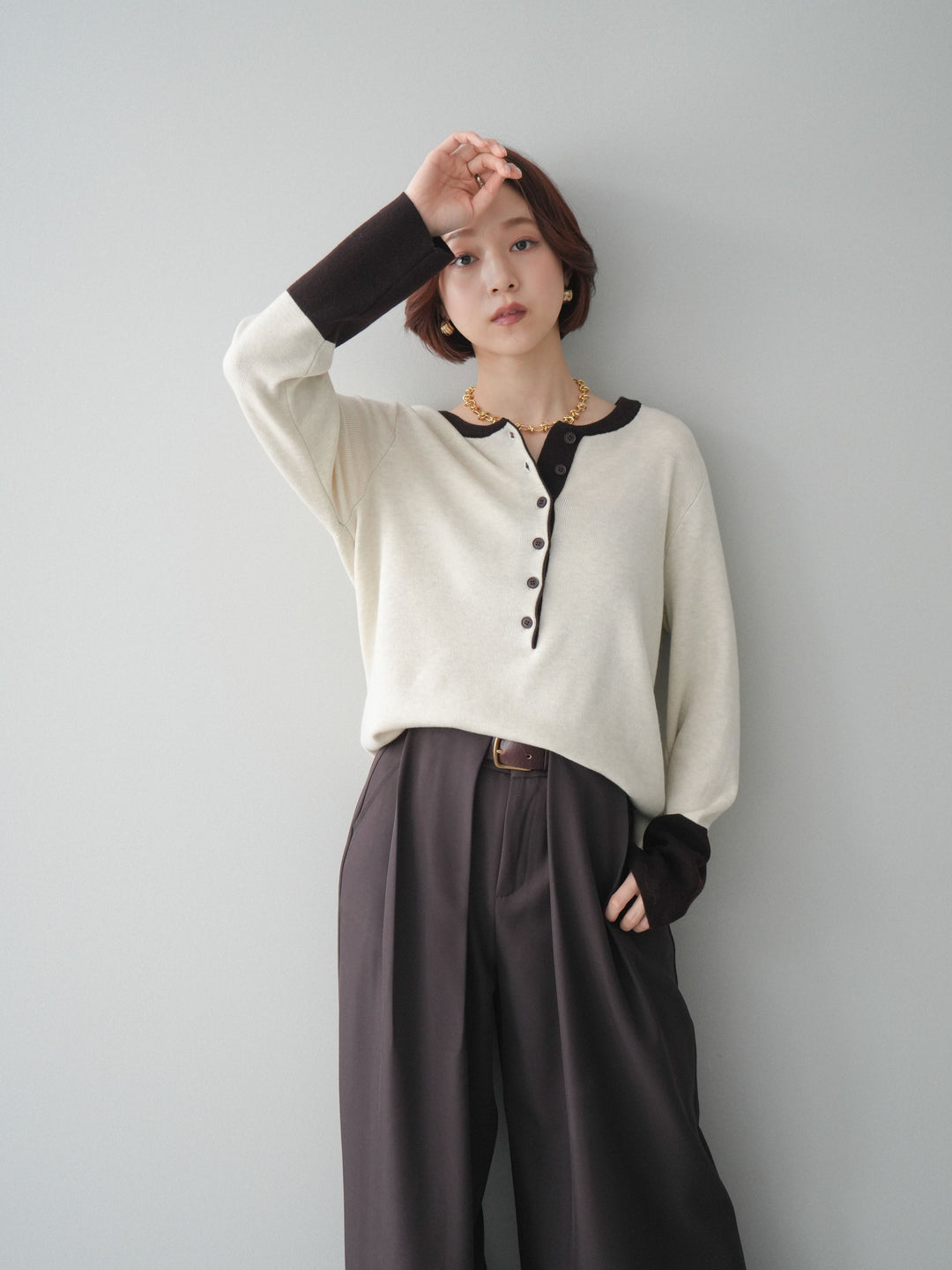 [SET]ヘンリーネック配色ニットソー+ベルトループデザインワイドパンツ(2set)