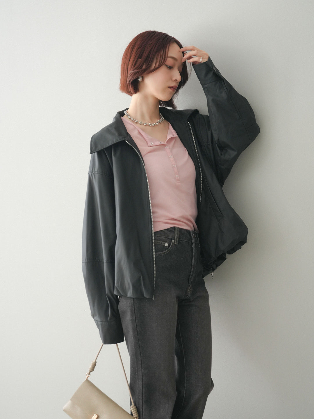 [予約]ウォッシャブルフェイクレザーバルーンジャケット/black