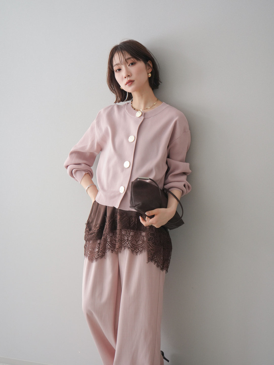 [SET]メタルボタンクルーネックニットカーディガン+選べるアクセセット(2set)