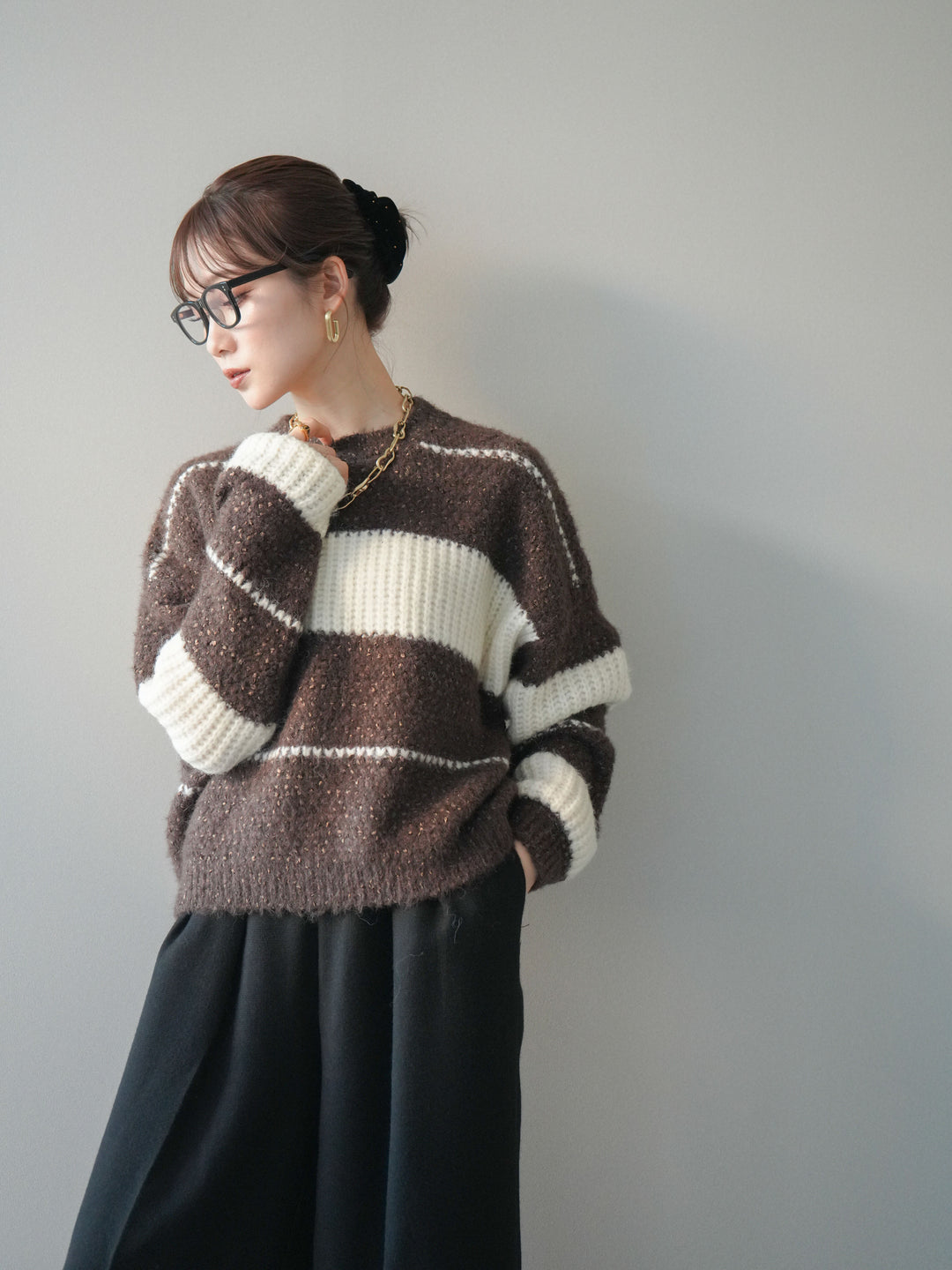 [予約]ネップヤーンボーダーニットプルオーバー/brown