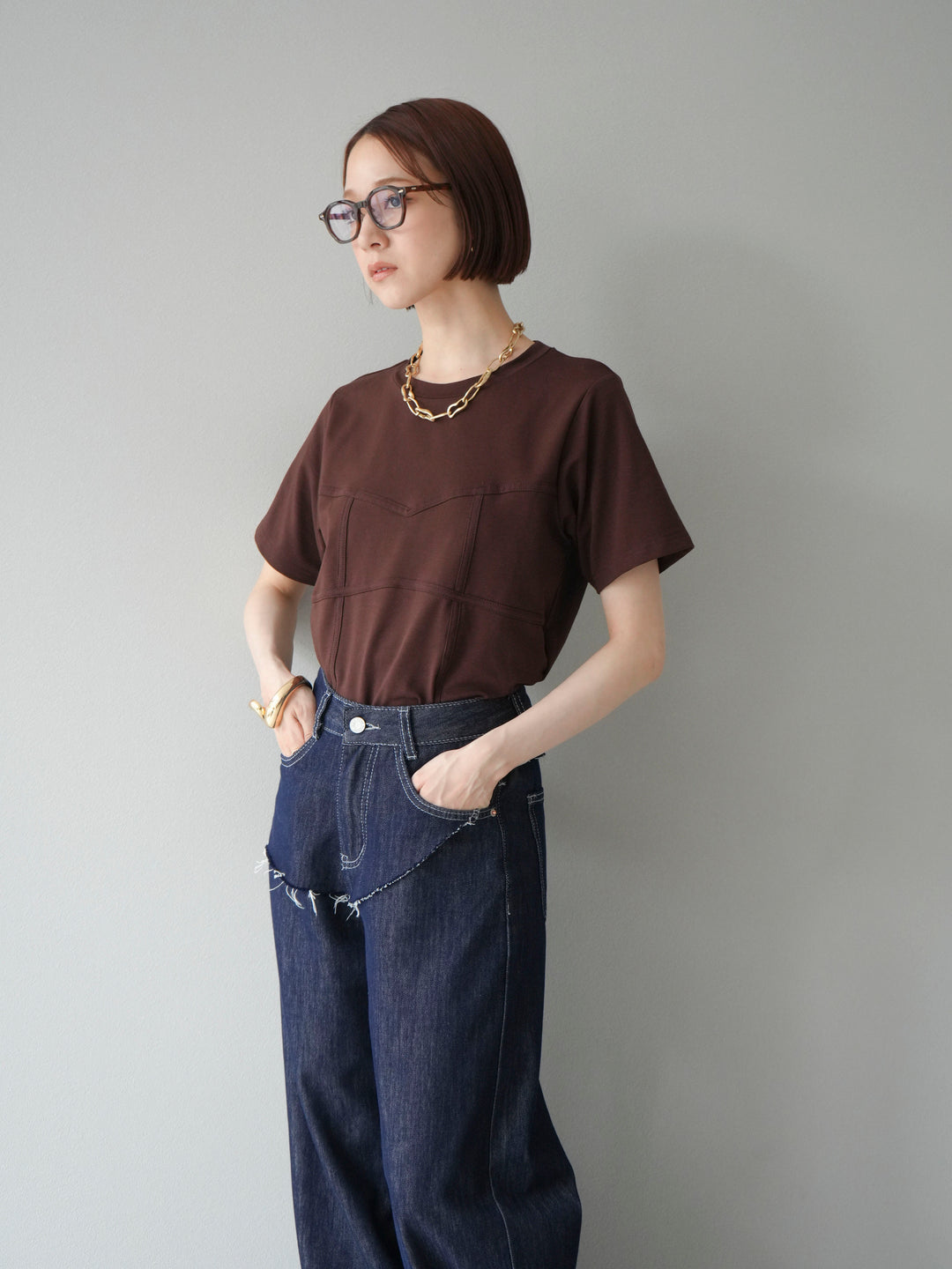 [SET]ビスチェデザインTシャツ+ヒップデザインデニムパンツ(2set)