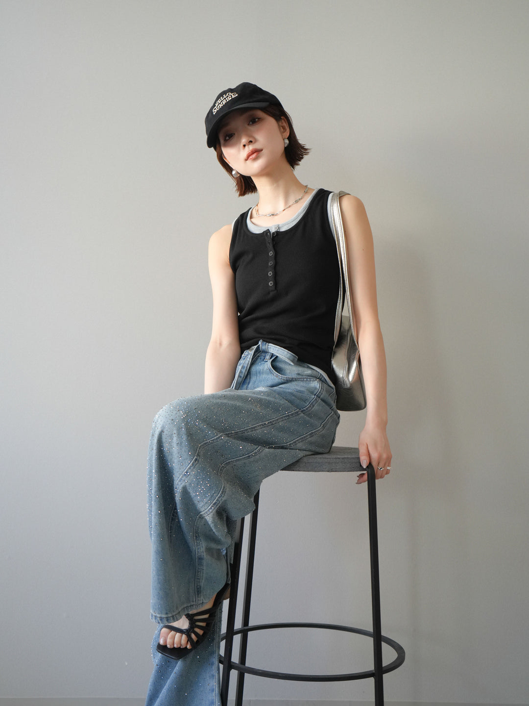 [SET]配色リブヘンリータンクトップ+ウエストベルトビジューワイドデニムパンツ(2set)