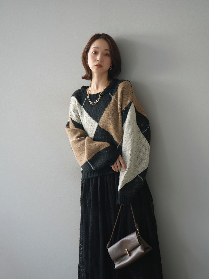 [SET]配色ステッチアーガイル柄ニットプルオーバー+ヴィンテージライクメッシュレーススカート(2set)