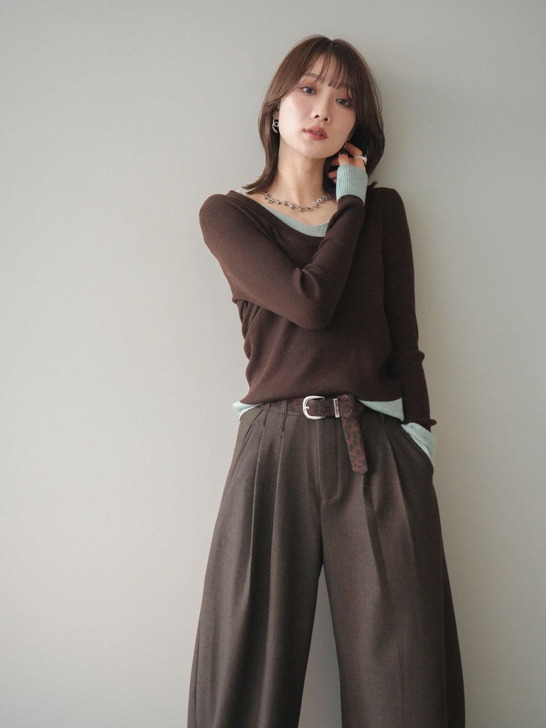 [予約]Uネック配色レイヤードリブニットトップス/brown