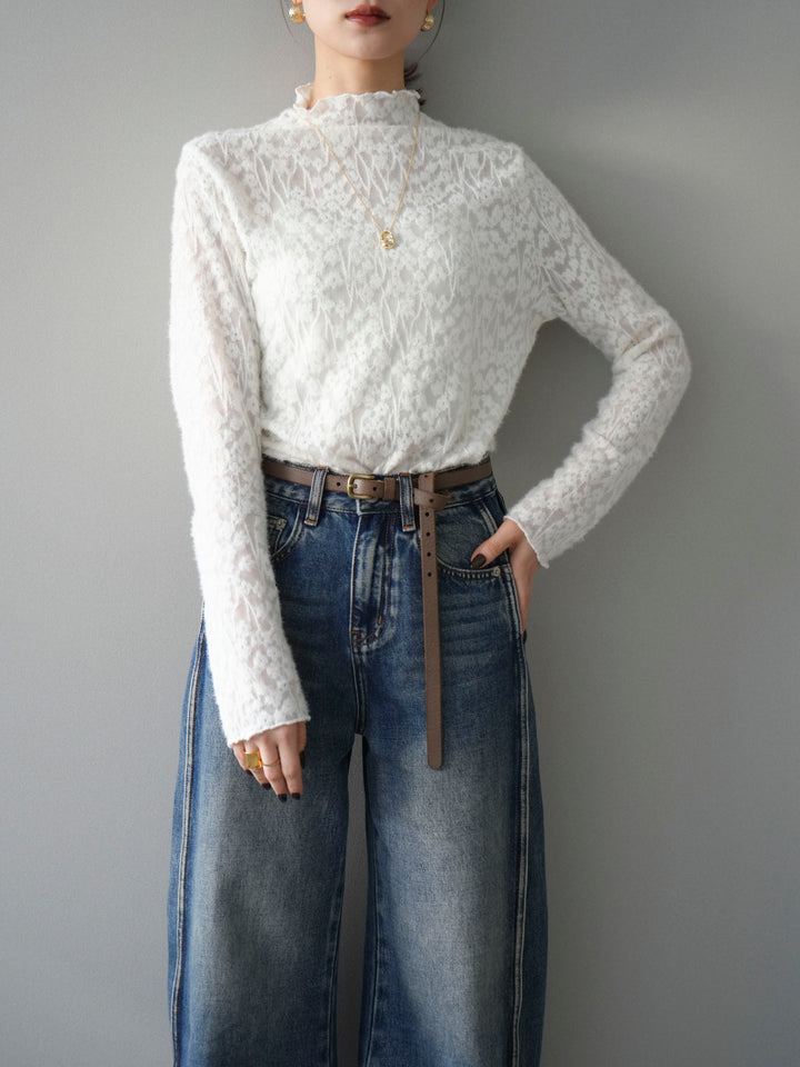 [予約]起毛レースプチネックトップス/white