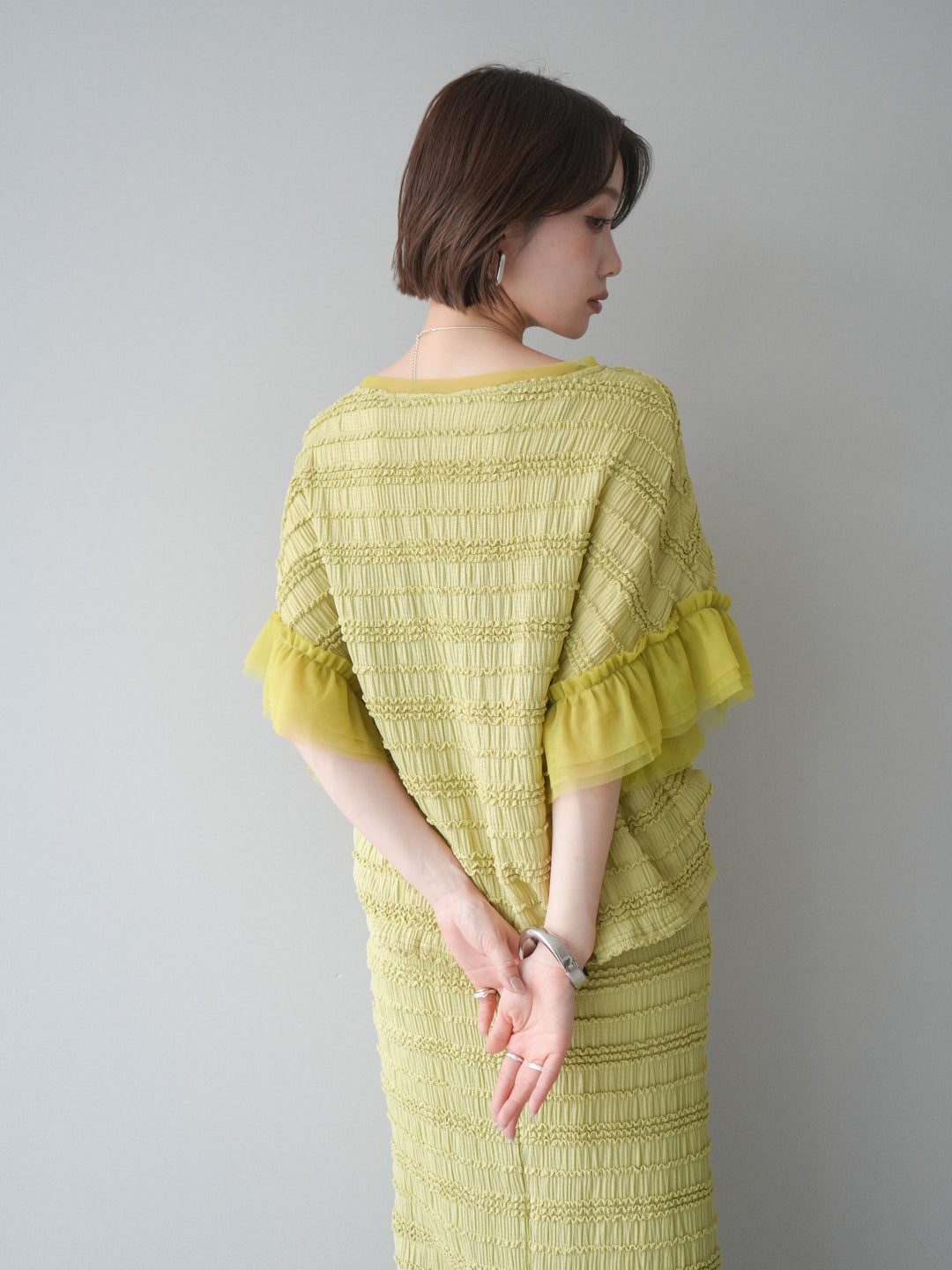 [SET]チュール袖リップルトップス+リップルIラインスカート(2set)