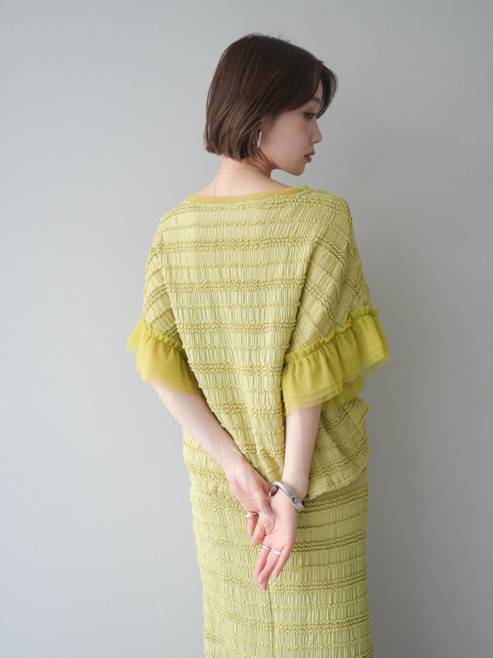 [SET]チュール袖リップルトップス+リップルIラインスカート(2set)