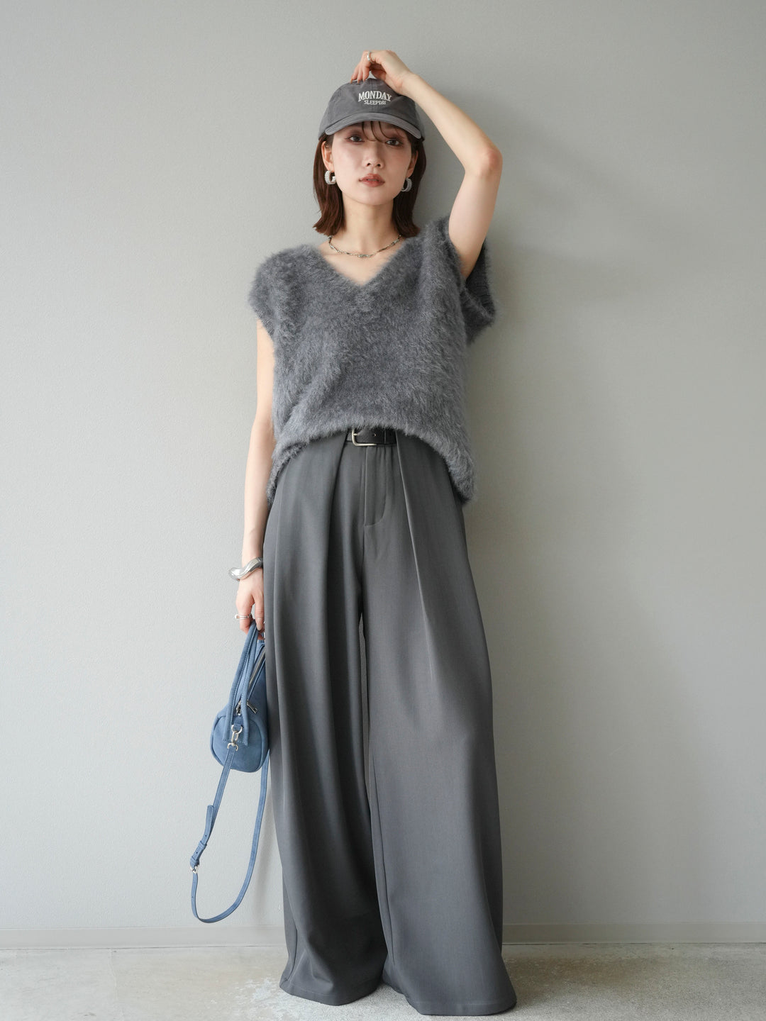 [SET]ラメシャギーVネックニットベスト+ベルトループデザインワイドパンツ(2set)
