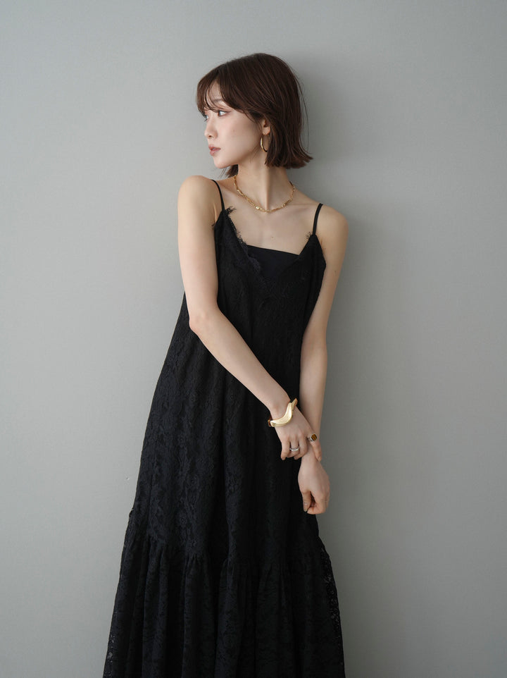 [予約]ギャザー切替レースキャミワンピース/black